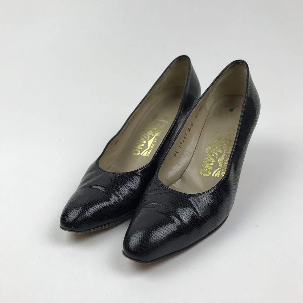 Salvatore Ferragamo Black Leather Embossed Heels